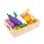 Wooden toy vegetable set with knife, includes carrot, eggplant, onion, potato, zucchini, and radish, in a wooden crate