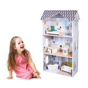 Ecotoys Grace Residence 3-piętrowy drewniany domek dla lalek z meblami #biało-szary