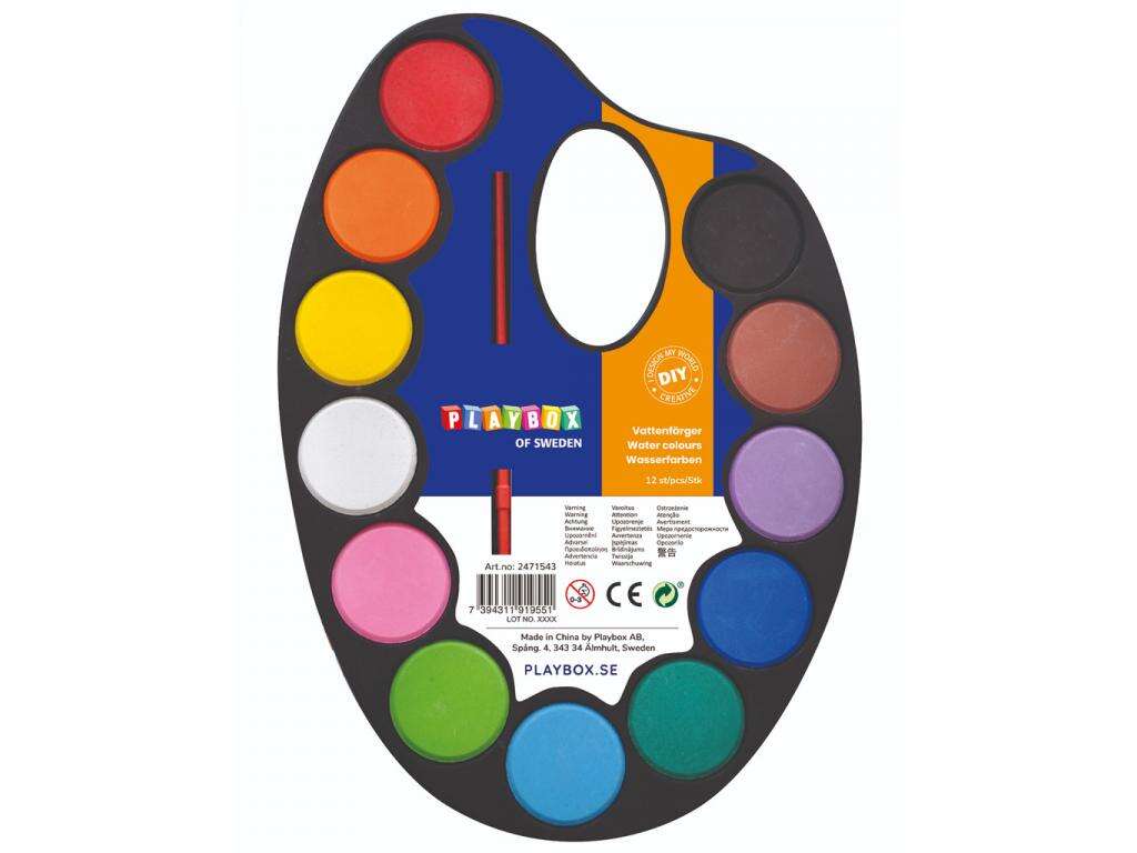 PlayBox: 12-Color Watercolor Paint Palette Set with Brush