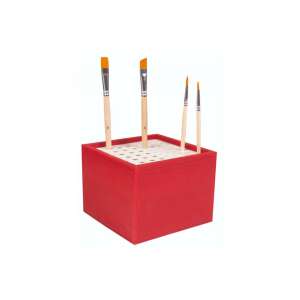 Piros műanyag ecsettartó 64 lyukkal az ecsetek tárolásához és rendezéséhez, ecsetekkel a lyukakban - Ecsettál