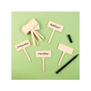 Playbox of Sweden plant labels in use, wooden plant markers with handwritten names, garden labels - Playbox