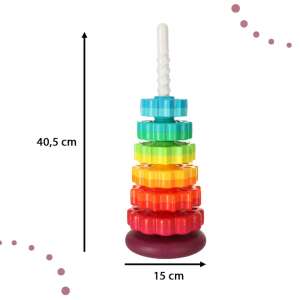 Rainbow Tower stacking toy with spinning gears, showing its dimensions - Developmental Toy for Baby