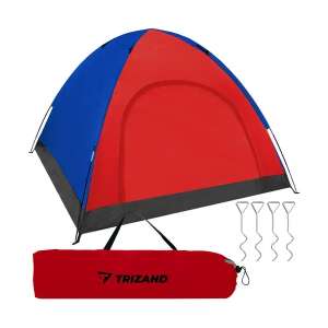 Cort de camping Trizand pentru 4 persoane, impermeabil, cu plasă de țânțari, roșu și albastru, cu geantă de transport și cuie - Sport și agrement