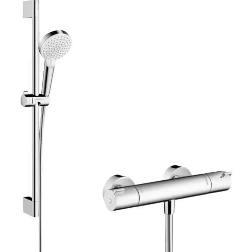 Grohe Crometta Vario Combi Duschset in Chrom und Weiß, mit Thermostat-Duschmischer, Duschkopf, Duschstange, Duschgleiter und Duschschlauch