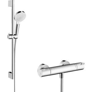 Set de duș Grohe Crometta Vario Combi în crom și alb, cu mixer termostatic de duș, cap de duș, braț de duș, glisier de duș și furtun de duș - Cap de duș