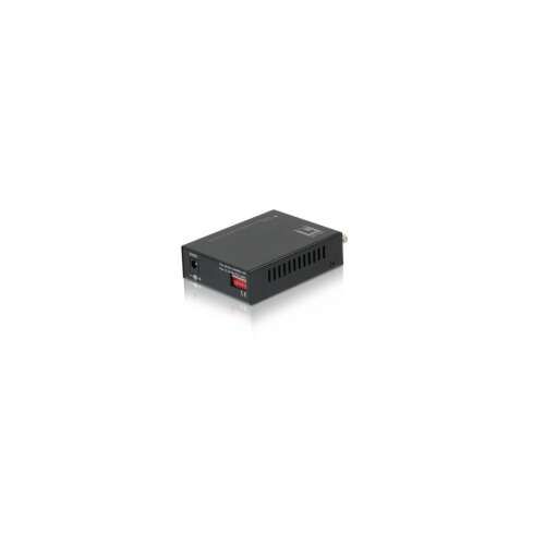 LevelOne FVT-2002 Media Converter, schwarz, schräge Ansicht, 10/100Base-TX RJ-45 Port, Glasfaser
