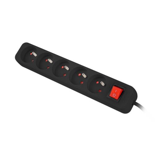 Angled view of Lanberg 5-socket power strip, black