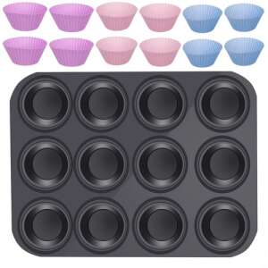12-cup muffin pan with 12 silicone muffin cups, pink and blue - Cookware & bakeware