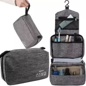 Soulima gray travel toiletry bag, hanging and closed, collage - Cosmetic bag