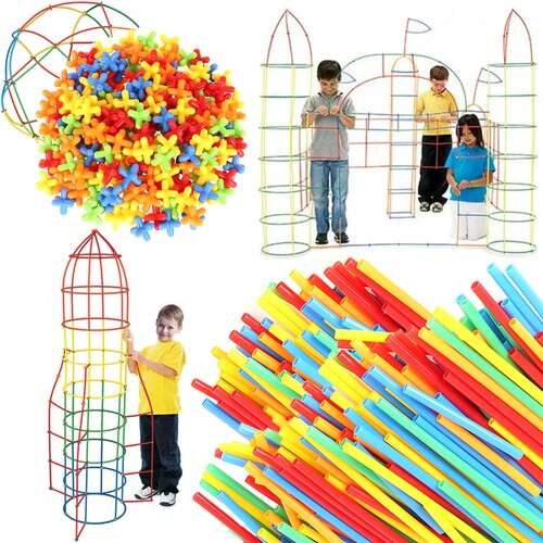 Kruzzel building toy set with straws and connectors, kids building a castle, rocket and tower