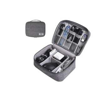 Trizand 23172 cable organizer, grey, open, showing compartments and contents - Trizand