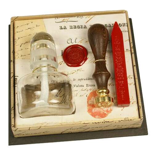 Rubinato viaszpecsételő készlet viaszégetővel, viaszrúddal és szimbólumos fanyelű pecséttel