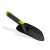 Black plastic trowel with green handle, garden tool