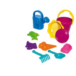 10 részes homokozó szett, vödör, lapát, gereblye, szita, formák, locsolókanna és frizbi - Homokozó játék