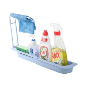 Gray sink organizer with towel rack, for sponges, dish soap, cleaning supplies, and other kitchen accessories - Kitchen storage rack