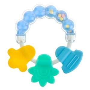 Modrá a žltá detská hrkálka s rôznymi textúrovanými povrchmi, ideálna na prežúvanie - Starostlivosť o zúbky bábätiek