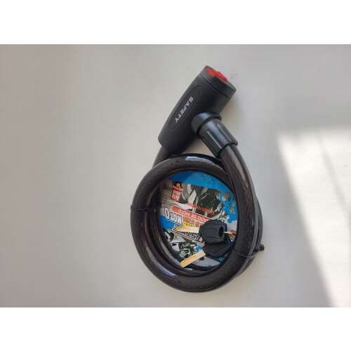 KMT Style kerékpárzár extra erős lánccal, feltekert állapotban, a zármechanizmus és a kulcs látható