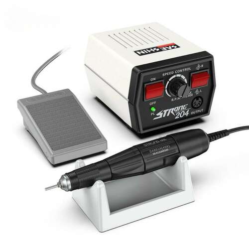 Strong 204 professional nail grinder with foot pedal, handpiece, and stand