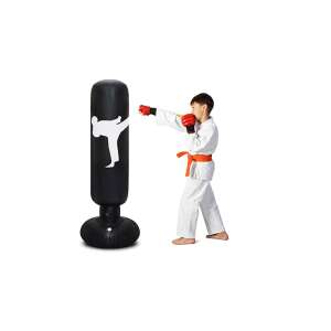 Black inflatable punching bag, 160cm tall, for boxing, kickboxing, and martial arts training, shown in use with a child - Punching Bag and Boxing Glove