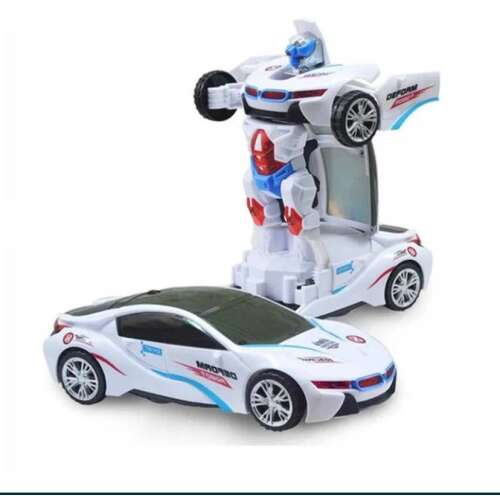 White transforming robot toy car, converts from car to robot, with lights and sounds, for kids