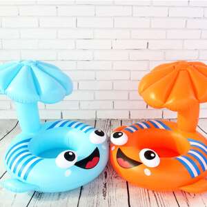 Inflatable baby swim ring with canopy, blue and orange, fish design - Baby Swim Ring