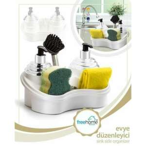 FreeHome sink side organizer, white, with two soap dispensers, sponge holder, and brush holder - Kitchen storage rack