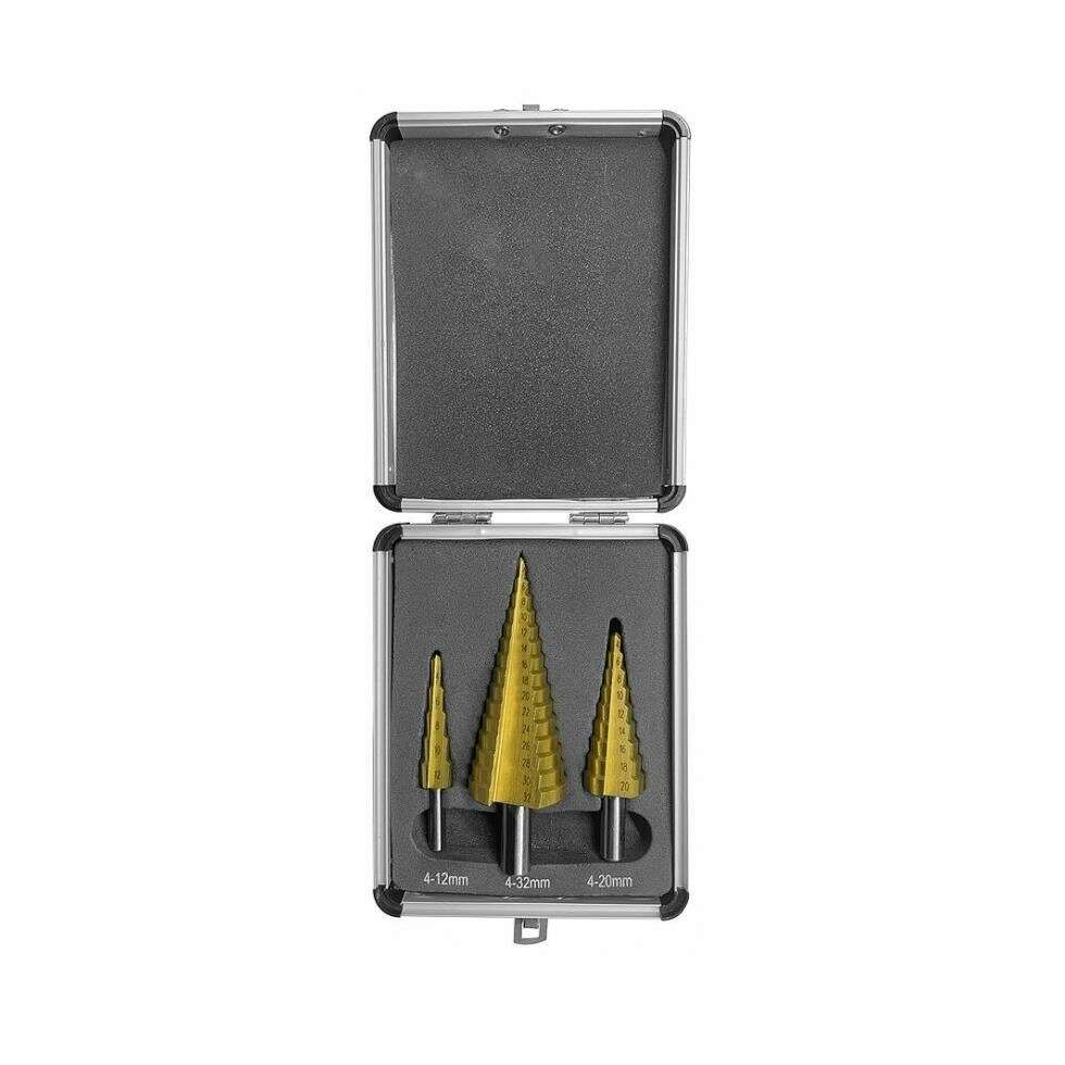 Strend Pro Step Drill Bits Set, Titanium, Aluminum Case, 3 pcs, 4-12/20/32 mm