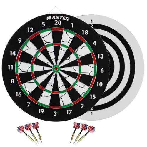MASTER kétoldalas darts tábla 6 darab dartszal, 45 cm átmérőjű, fekete-fehér, piros és zöld díszítéssel - Darts