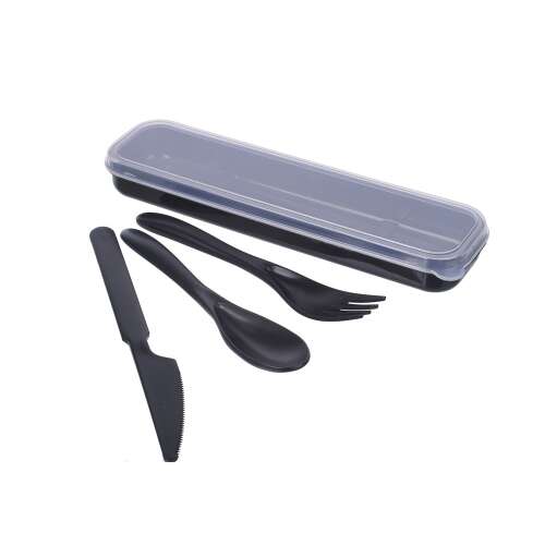 Schwarzes Reise-Besteckset mit Messer, Gabel und Löffel in einer Plastikbox
