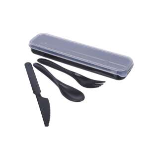 Fekete utazó evőeszköz szett késsel, villával és kanállal műanyag tokban - Evőeszköz