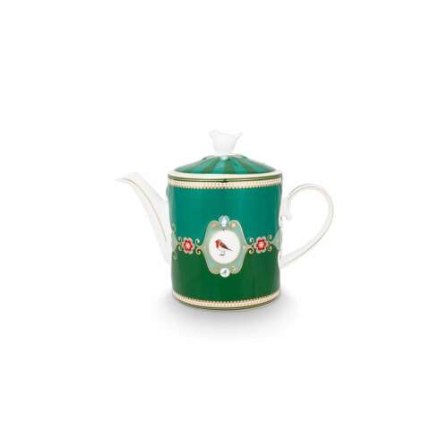 Love Birds Medaillon Smaragdgrün Teekanne, 1,3L, Porzellan, mit Vogeldeckel, grün und goldfarbenes Design - Teáskanna