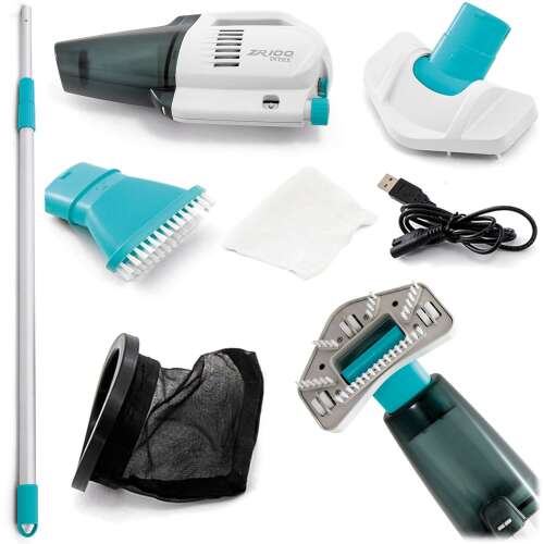 Intex 28626 cordless pool vacuum cleaner with accessories: pole, brushes, filter, and USB cable