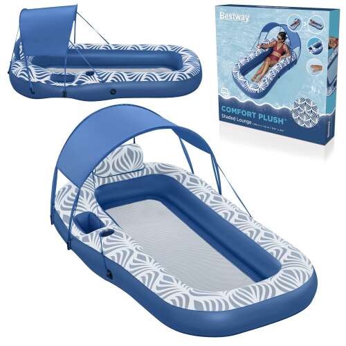 Bestway Comfort Plush shaded lounge with canopy, blue and white, inflatable pool float