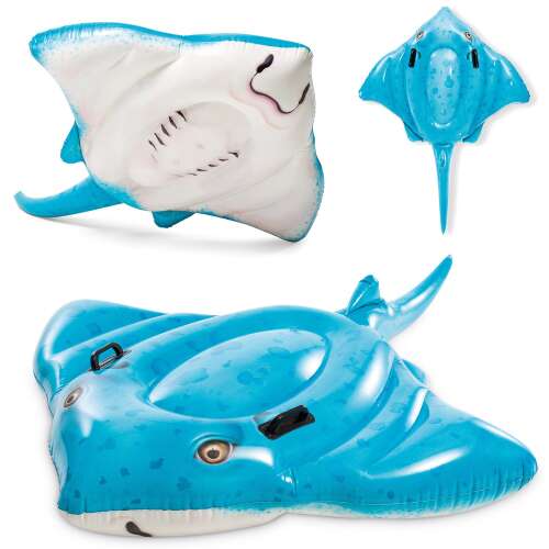 Intex 57576 inflatable stingray pool float, blue and white, 3/4 view