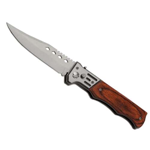 Folding Tourist Pocket Knife, 21 cm, Wooden Handle, Button Opening, Sheath