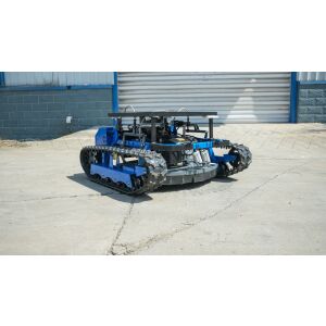 The image shows a blue tracked vehicle, possibly a remote-controlled lawn mower or similar robotic device. This is NOT a microphone. - Audio