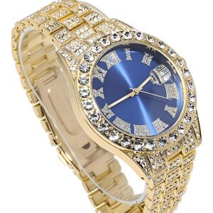 Prim-plan cu ceasul Iced Out aur-albastru cu zirconiu - Nonbrand Ceasuri bărbătești