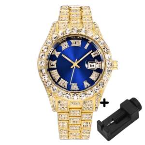 Часовник Iced Out, Инкрустиран цирконий, Унисекс, Водоустойчив, Неръждаема стомана, Аксесоар за регулиране на каишката, Златист/Син