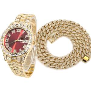 Sada hodiniek Iced Out Gold Red + náhrdelník Iced Out Cuban Reťaz, vložky zo zirkónu, nehrdzavejúca oceľ, zariadenie na nastavenie, prémiové balenie, zlato