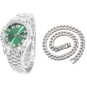 Zestaw zegarków Iced Out Silver Green + Naszyjnik z kubańskim łańcuszkiem Iced Out, wstawki z cyrkonii, stal nierdzewna, urządzenie do regulacji, opakowanie premium, srebro