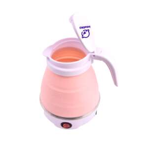 Pink foldable electric kettle, 600ml, travel kettle, 600W, stainless steel, silicone, with lid open - Home & Garden