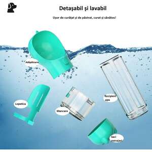 Portable pet water bottle with food container, poop scoop, and bag holder - Pet Feeding and Water Bowl