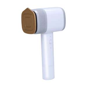 White handheld fabric steamer and lint remover, 2 in 1, with gold accents - Fabric Shaver