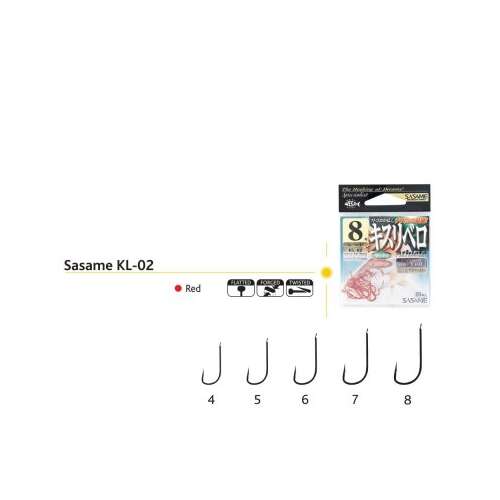Sasame KL-02 red fishing hooks size 4-8, 20 pieces per pack