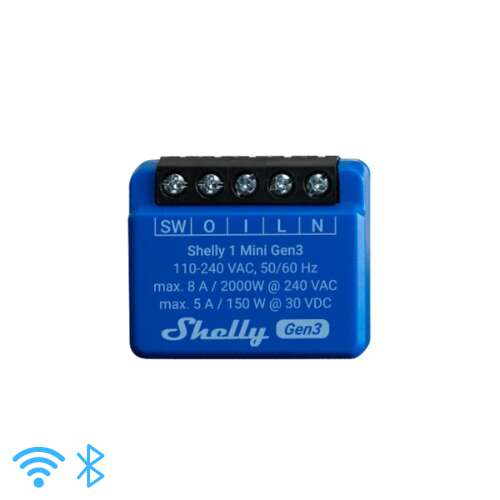 Shelly 1 Mini Gen3 inteligentné relé, 8A, WiFi, Bluetooth