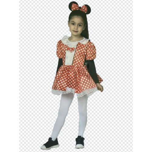 Minnie egér jelmez lányoknak, piros pöttyös ruha fehér masnival, 120-130cm méret