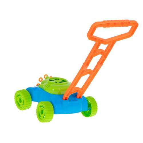 Buborékfújó játék fűnyíró, kék, zöld, narancssárga, tolókar, kerekek