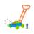 Buborékfújó játék fűnyíró, zöld és kék, narancssárga fogantyú, elülső nézet