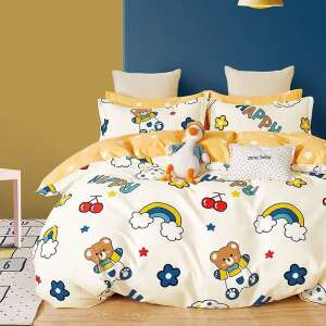 White and yellow bed linen with teddy bear and rainbow print, 4 piece set, Percale - Bedding - Youth and Adult