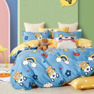 Lenjerie de pat albastră și galbenă cu imprimeu cu ursuleț și curcubeu, 4 piese, Percale, PRC112 - Lenjerie de pat - tineri și adulți